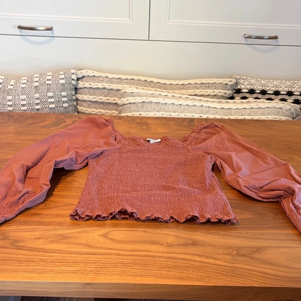 Madewell Smocked Top Women M Pink Long Sleeve Puff Square Neck Boho Romantic